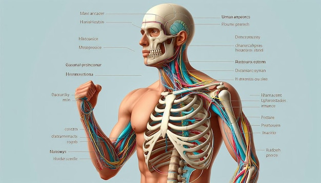 Photo a man with a skeleton head and the bones labeled with the word human