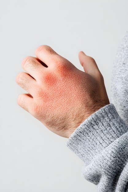 Man with skin diseases Red spot or rash of skin on womans hand Itchy hives Pele virus eczema