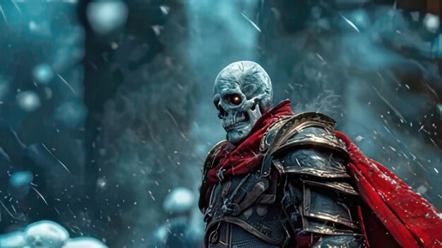 Photo a man with a skull and a red scarf stands in the snow