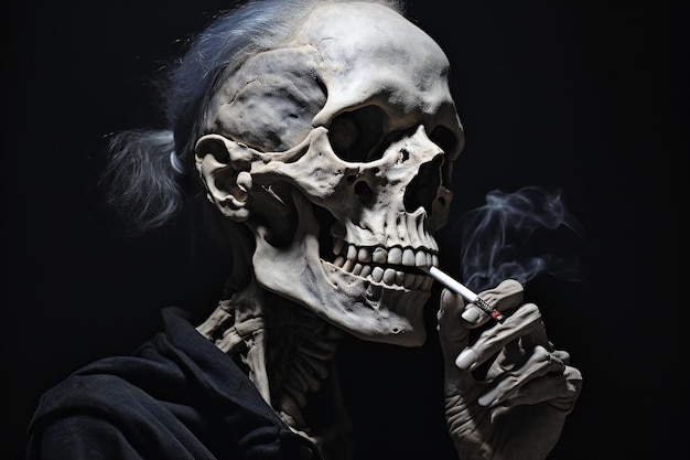 Man with skull smoking a cigarette on dark background Halloween concept