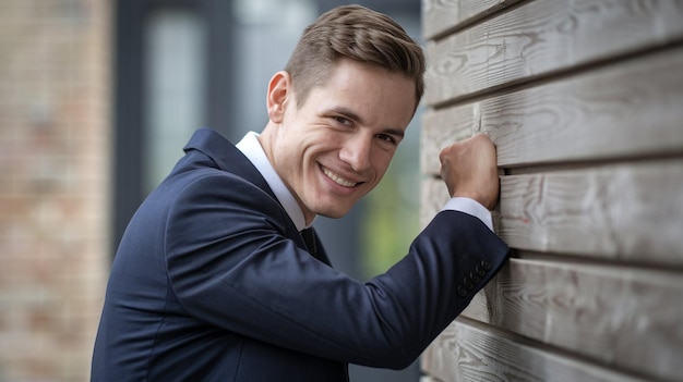 Photo a man with a smile on his face is leaning against a wall with a cross carved into it