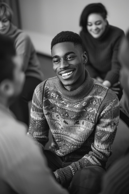 A man with a smile on his face is sitting with a group of people