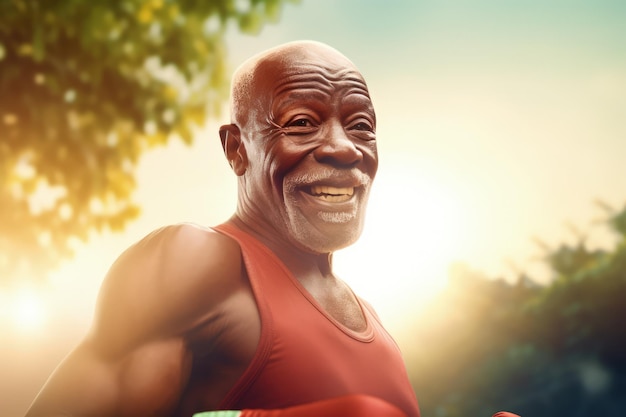 A man with a smile on his face is smiling and he is wearing a red tank top