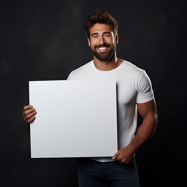 Photo a man with a smile is holding a white board