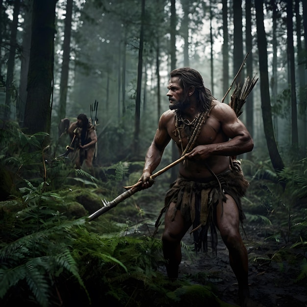 a man with a spear and a sword in the woods