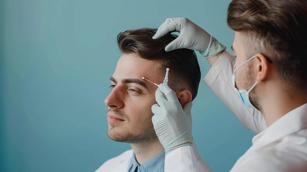 a man with a stethoscope around his neck is getting a injection