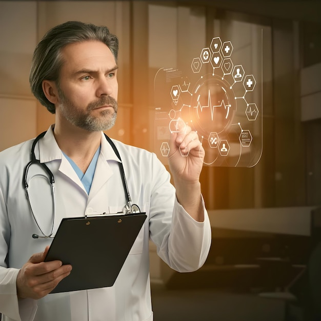 a man with a stethoscope around his neck is holding a clipboard with the words  medical  on it