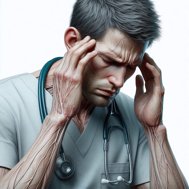 a man with a stethoscope on his head suffering with headache