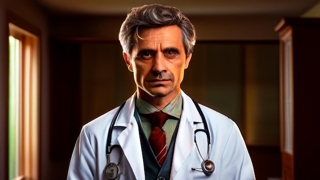 a man with a stethoscope on his neck is standing in front of a mirror