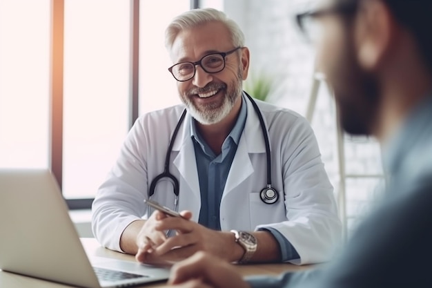 a man with a stethoscope on his neck sits at a table with a laptop and a man in a blue shirt