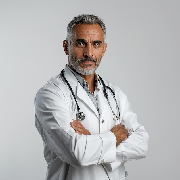 a man with a stethoscope on his neck stands against a gray background