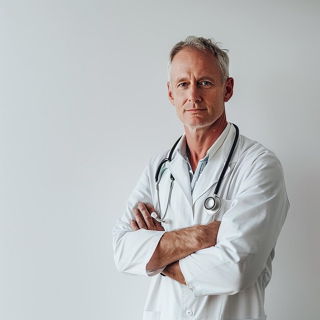 a man with a stethoscope on his neck stands against a white background