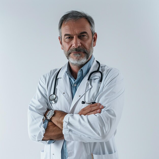 a man with a stethoscope on his neck stands against a white background