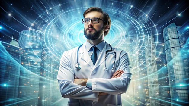 a man with a stethoscope on his neck stands in front of a blue background