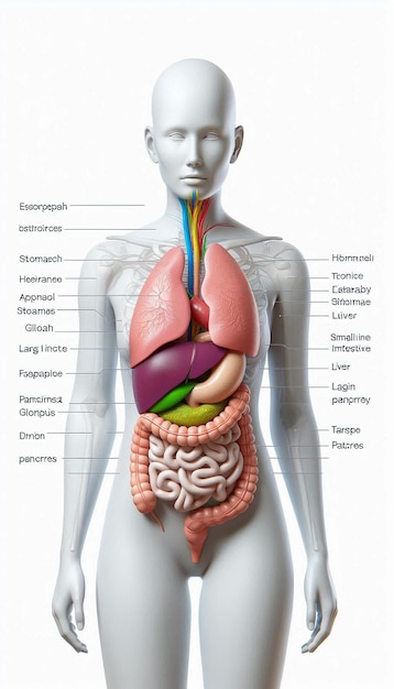 Photo a man with a stomach labeled with the body labeled with the body labeled with the organs