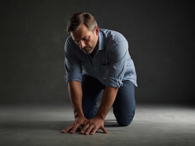 Photo a man with a stone leaning forward with elbows on knee_2