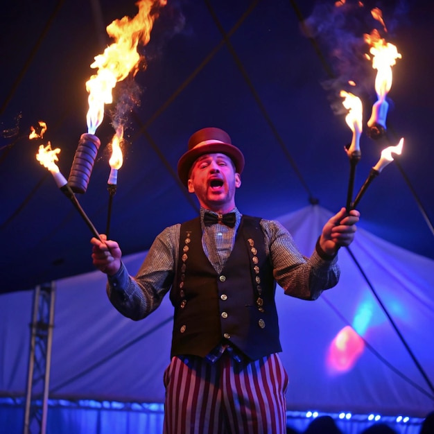 Photo a man with a striped vest and striped pants holds a torch that is lit up