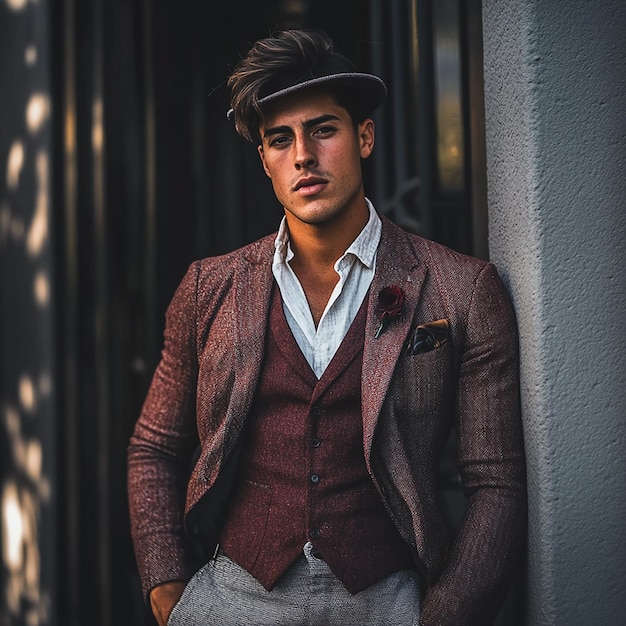 Photo a man with a suit and a tie is standing in front of a building