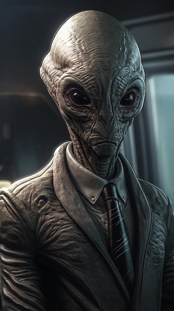 A man with a suit and a tie that says alien.