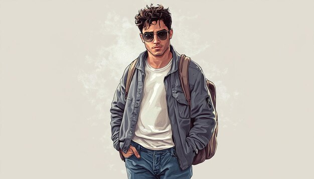 a man with sunglasses and a backpack is standing in front of a white background