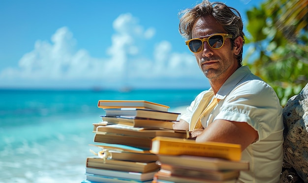 a man with sunglasses and a book called the sea