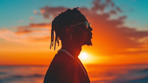 a man with sunglasses and a sunset in the background