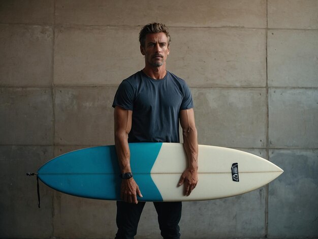 a man with a surfboard Leaning against a wall with arm_2