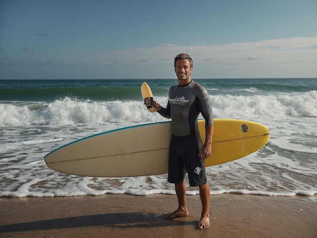 a man with a surfboard Leaning sideways with one hand_3