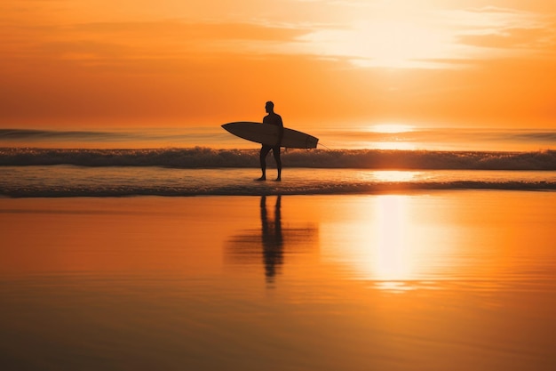 Man with surfboard on sea beach at sunset Generative AI