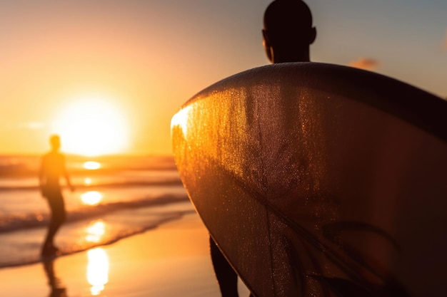 Man with surfboard on sea beach at sunset Generative AI