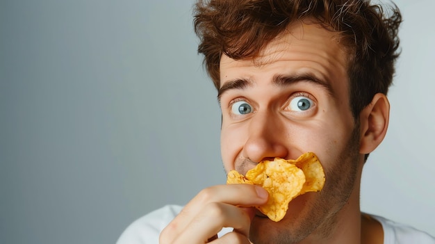 Photo man with surprised expression eats potato chips