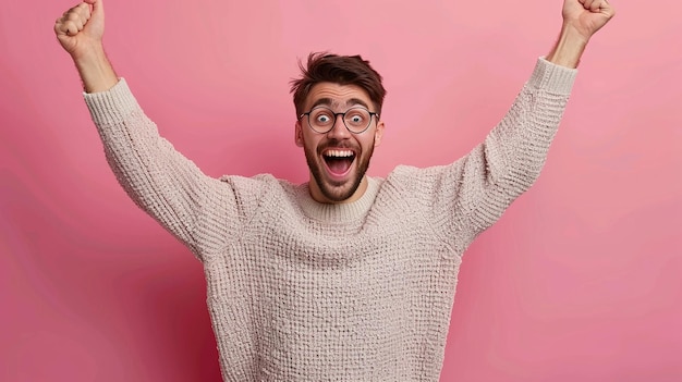 Photo a man with a sweater that says  hes happy  on the pink wall