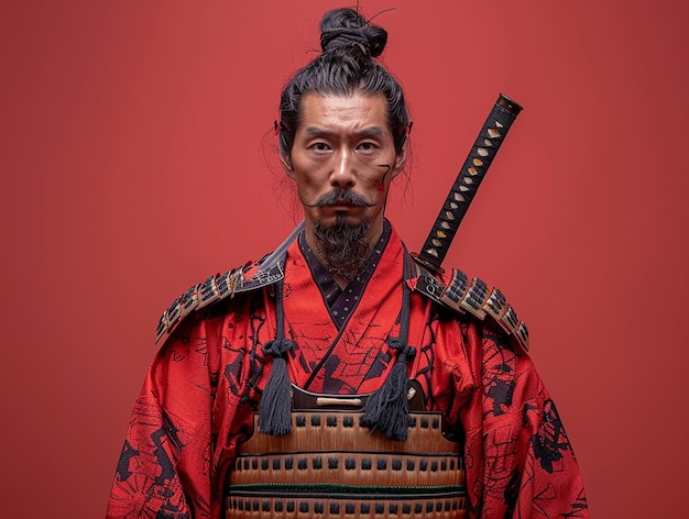 Photo a man with a sword and a red background