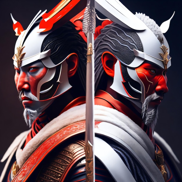 A man with a sword and a red face with the word samurai on it.