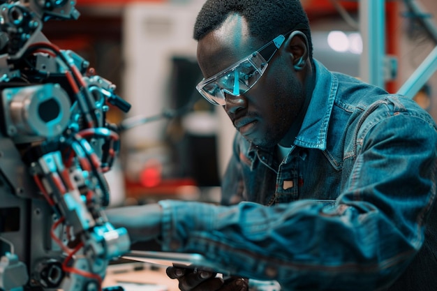 Photo man with tablet learning to make robot close up