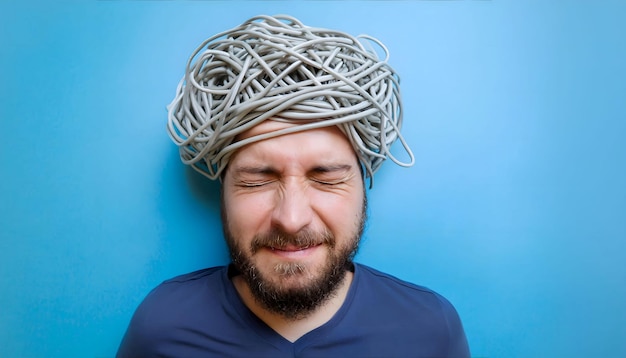 Photo man with tangle of wires on head