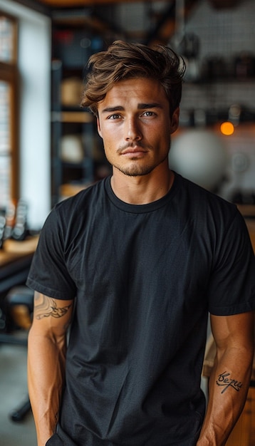 a man with a tattoo on his arm stands in front of a bar