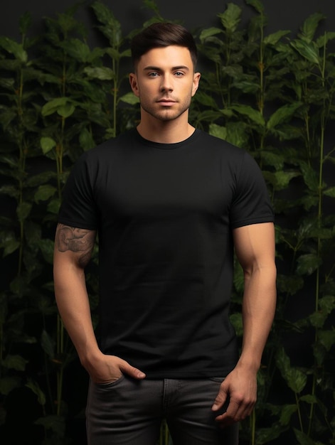 a man with a tattoo on his arm stands in front of a green wall with a plant behind him.