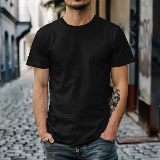 Photo a man with a tattoo on his arm stands on a street