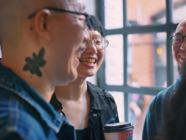 Photo a man with a tattoo on his arm and a woman wearing glasses