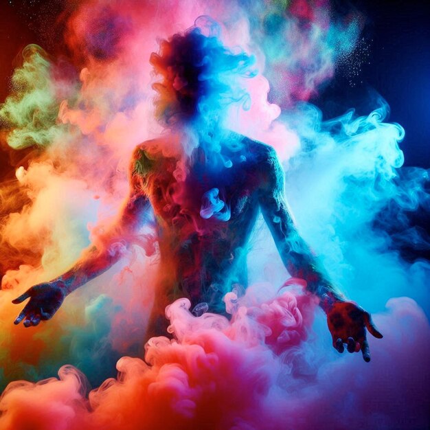 Photo a man with a tattoo on his back is covered in colorful smoke