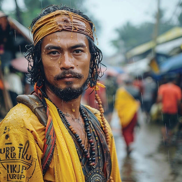 Photo a man with a tattoo on his chest wearing a yellow shirt