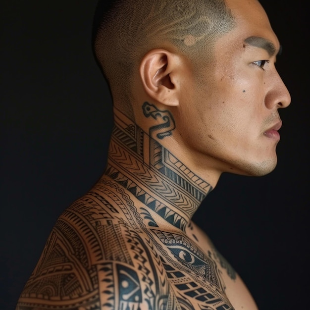 Photo a man with a tattooed neck and a tattooed arm