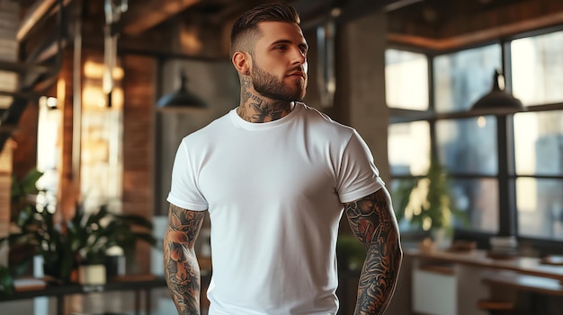 Photo a man with tattoos on both arms is wearing a white tshirt