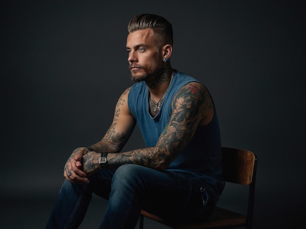 Photo a man with tattoos on his arms sits on a chair