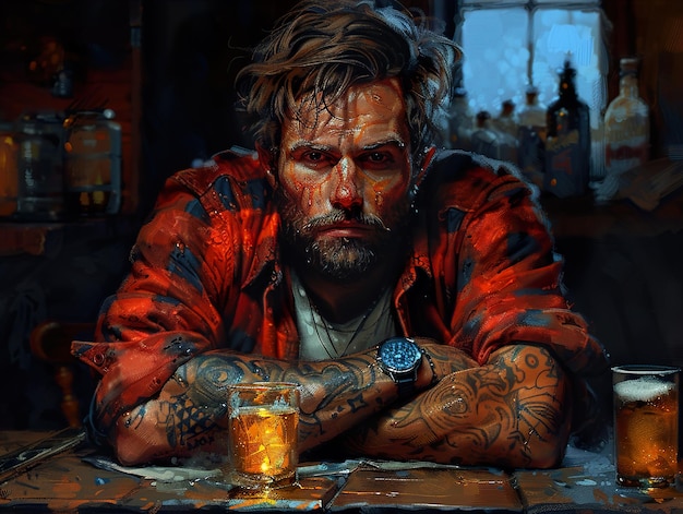 a man with tattoos on his arms sits at a table with a glass of beer