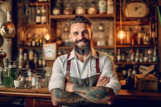 A man with tattoos on his arms stands in front of a bar with a clock behind him.