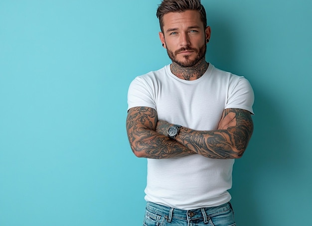 Photo a man with tattoos on his arms stands in front of a blue background