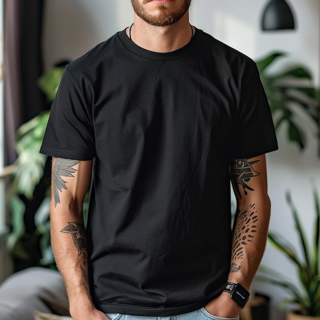 Photo a man with tattoos on his arms stands in front of a plant