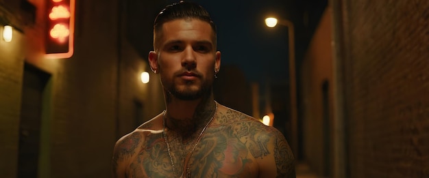 Photo a man with tattoos on his arms stands in front of a street light